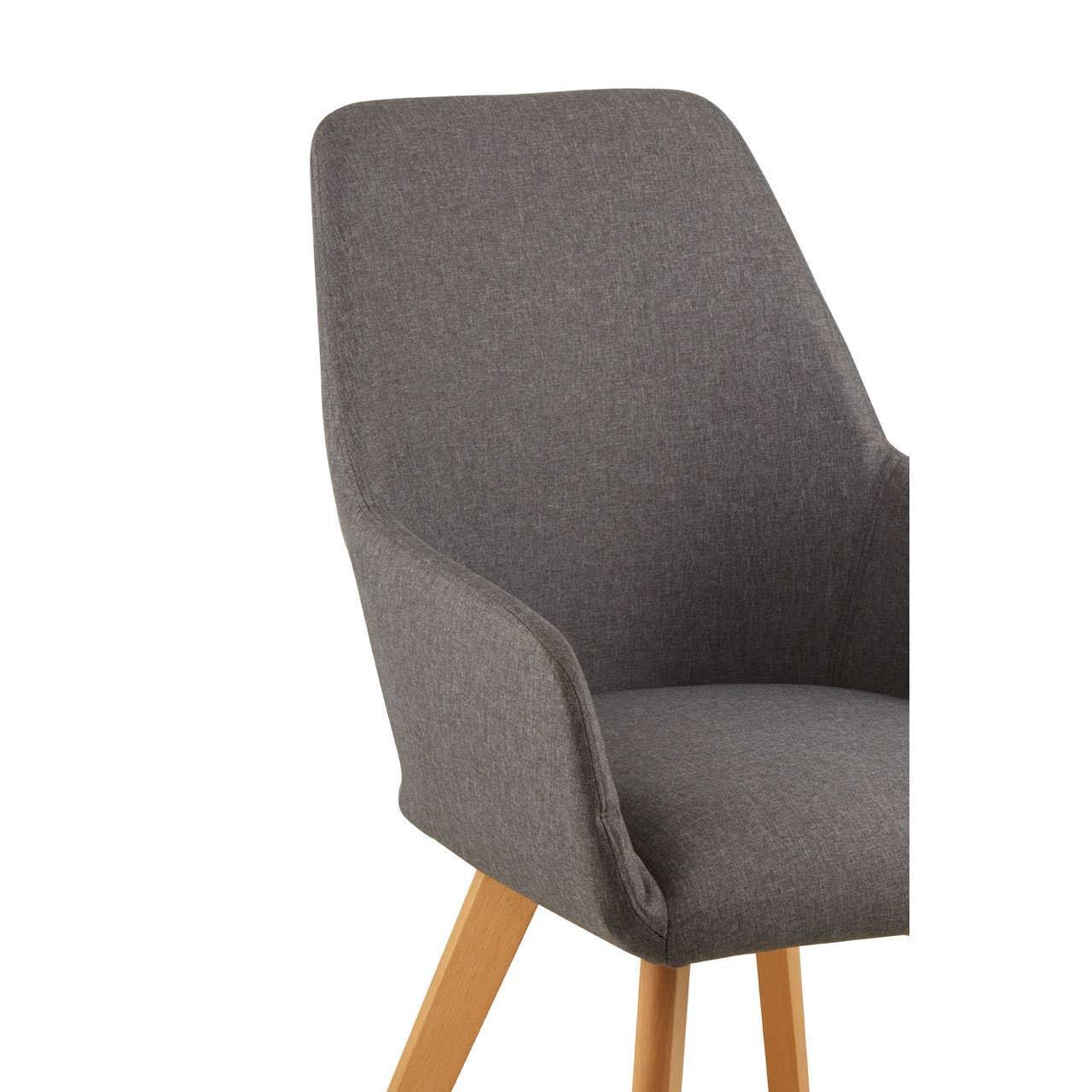 Grey fabric dining chair with wooden legs, close-up of seat and backrest