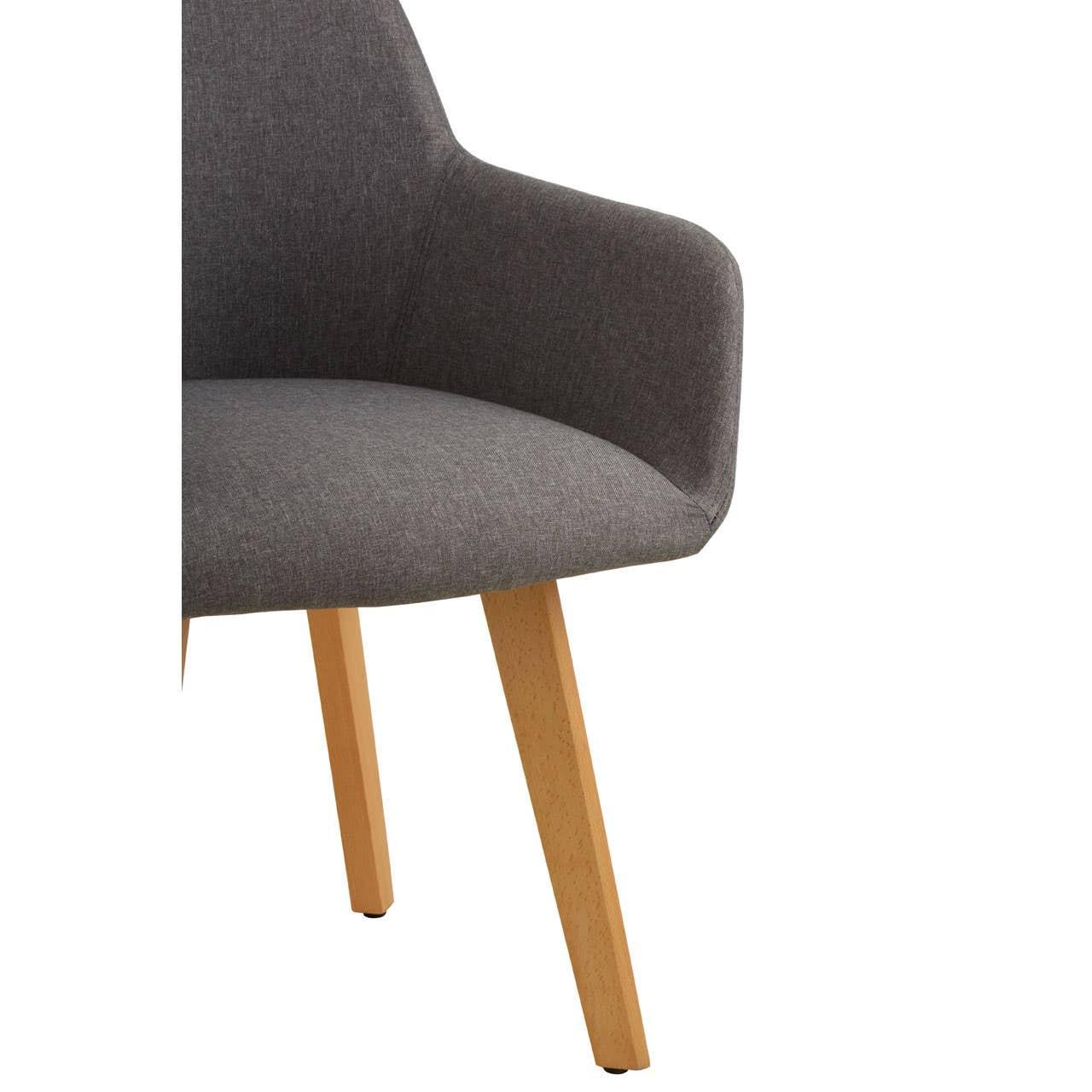 Grey fabric accent chair with curved seat and wooden legs, partial side view