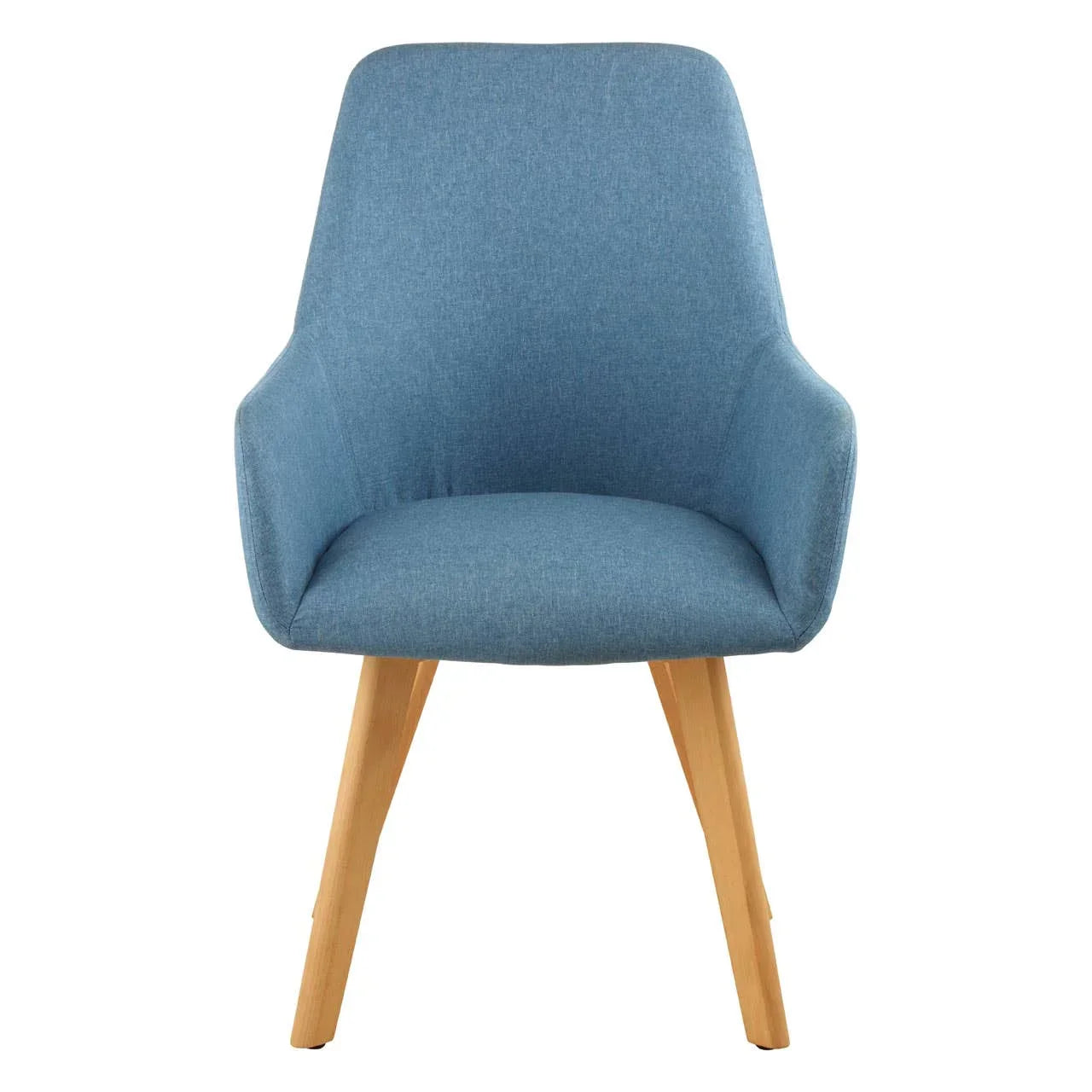 Blue fabric dining chair with wooden legs, front view