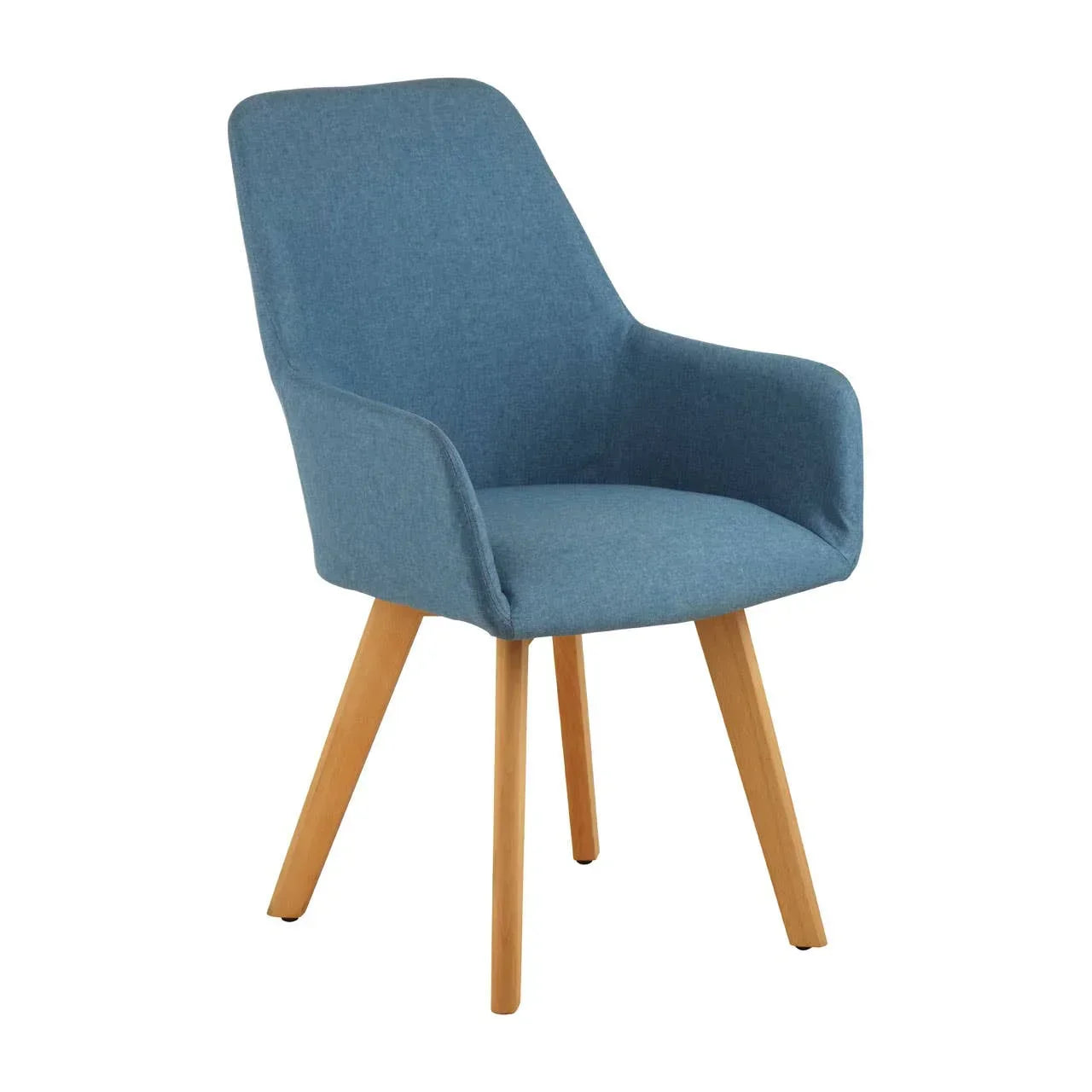 Blue fabric dining chair with wooden legs and curved armrests on white background