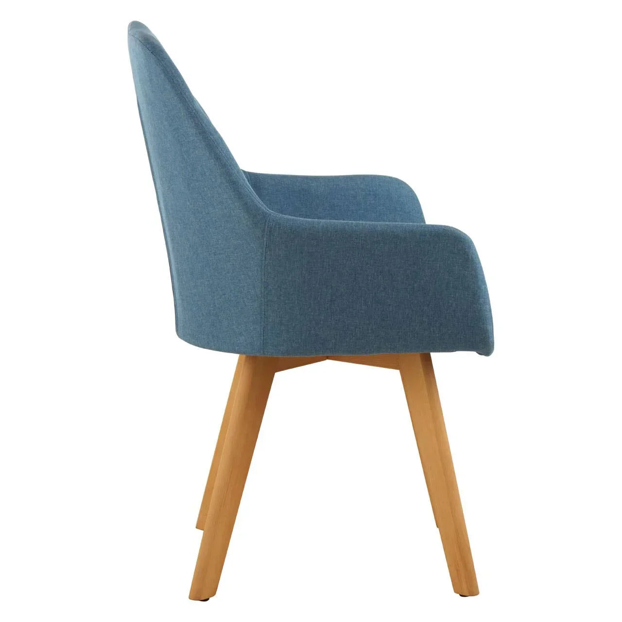 Blue fabric dining chair with wooden legs, side view