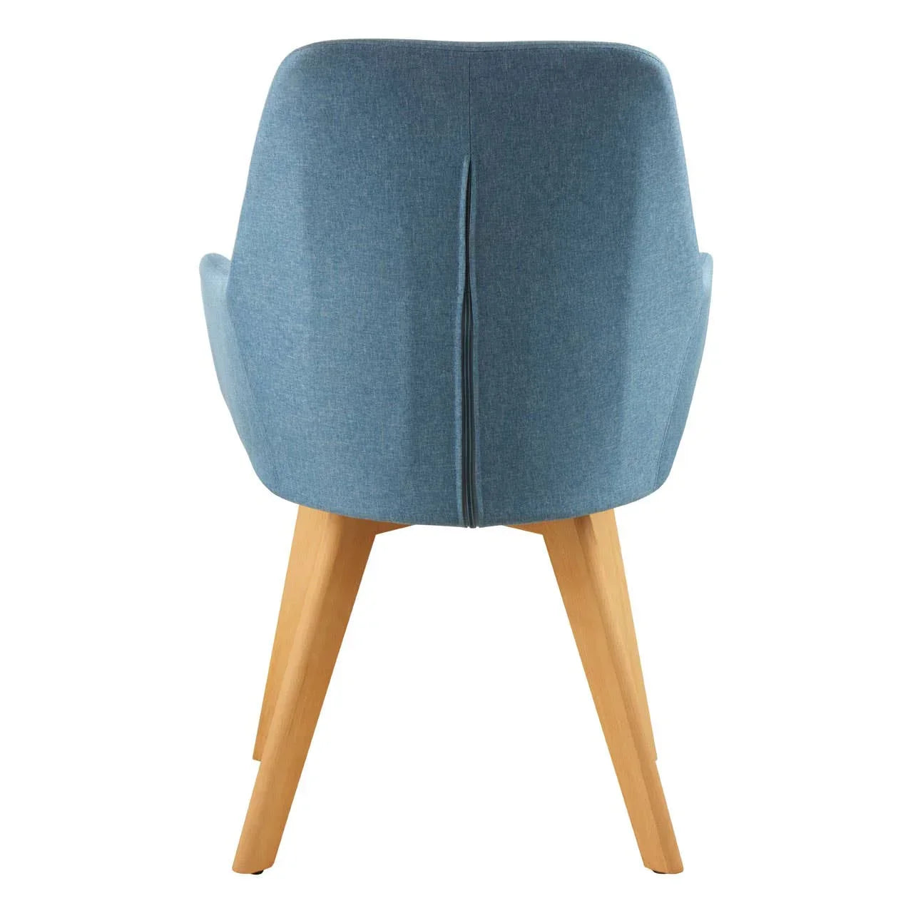 back view of blue upholstered dining chair with angled wooden legs