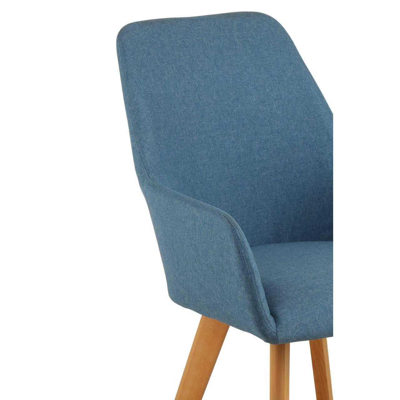 Blue fabric dining chair with wooden legs, angled side view highlighting seat and backrest