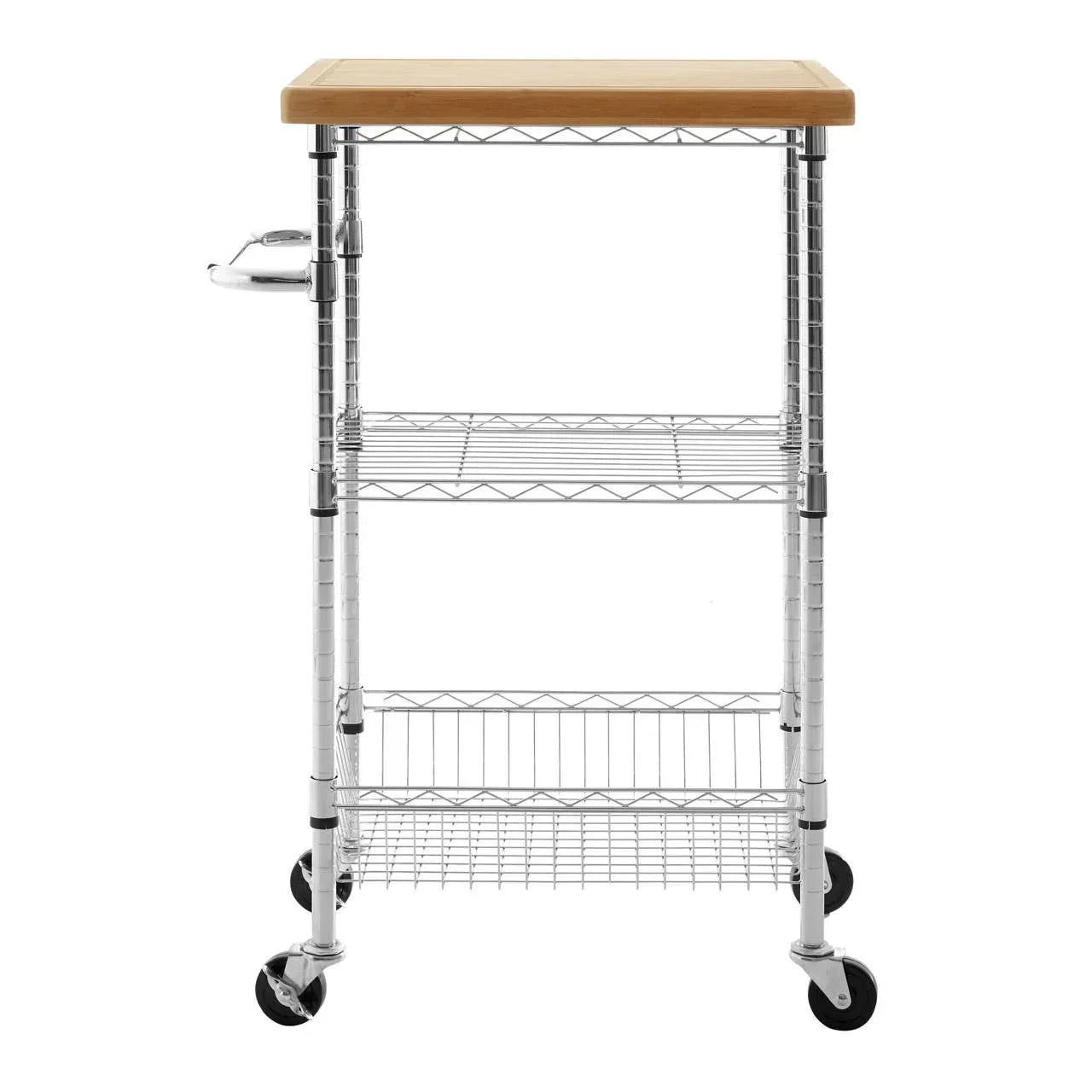 Metal kitchen trolley with wooden top, three wire shelves, and locking wheels