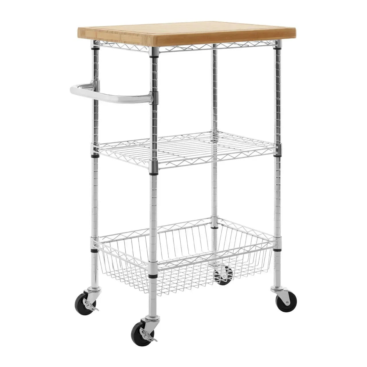 Chrome kitchen trolley with wooden top, wire shelves, basket, and wheels
