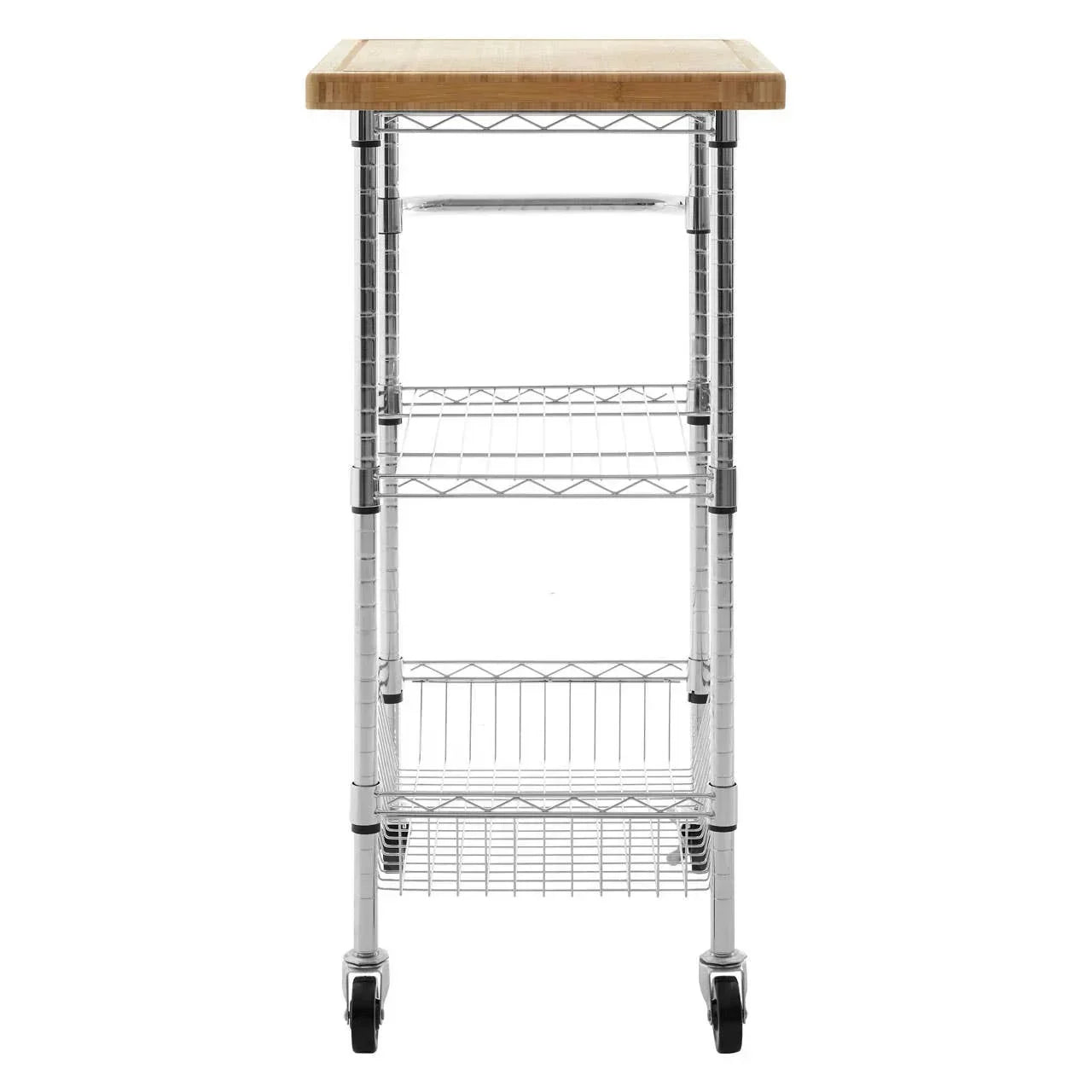 Chrome kitchen trolley with wooden top, wire shelves and castor wheels, front view