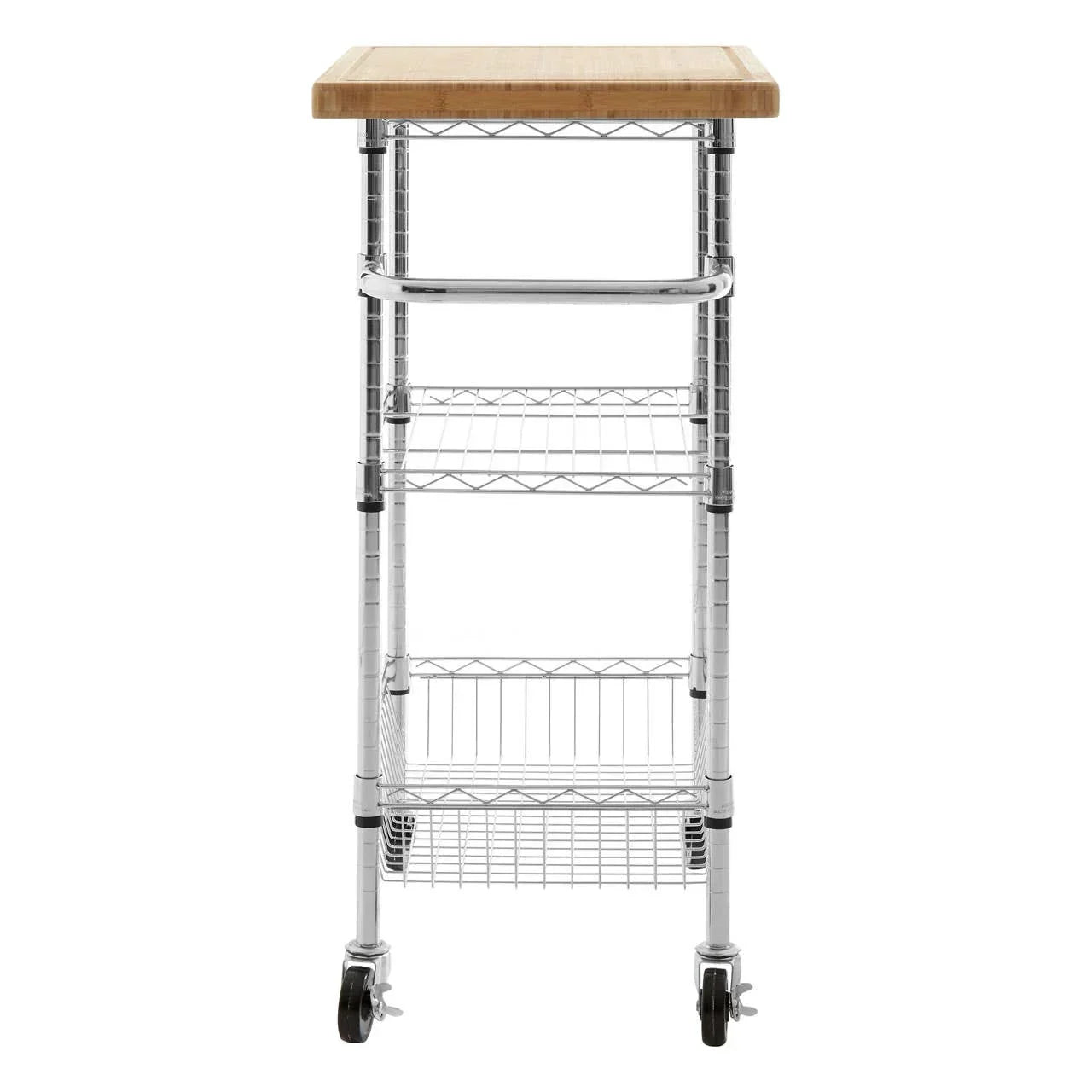 Chrome kitchen trolley with wooden top, wire shelves, and lockable caster wheels, front view