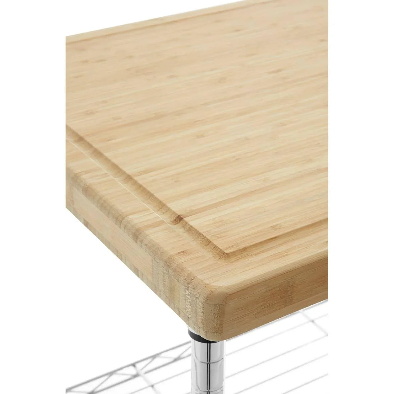 Bamboo kitchen worktop with groove detail on metal frame corner angle