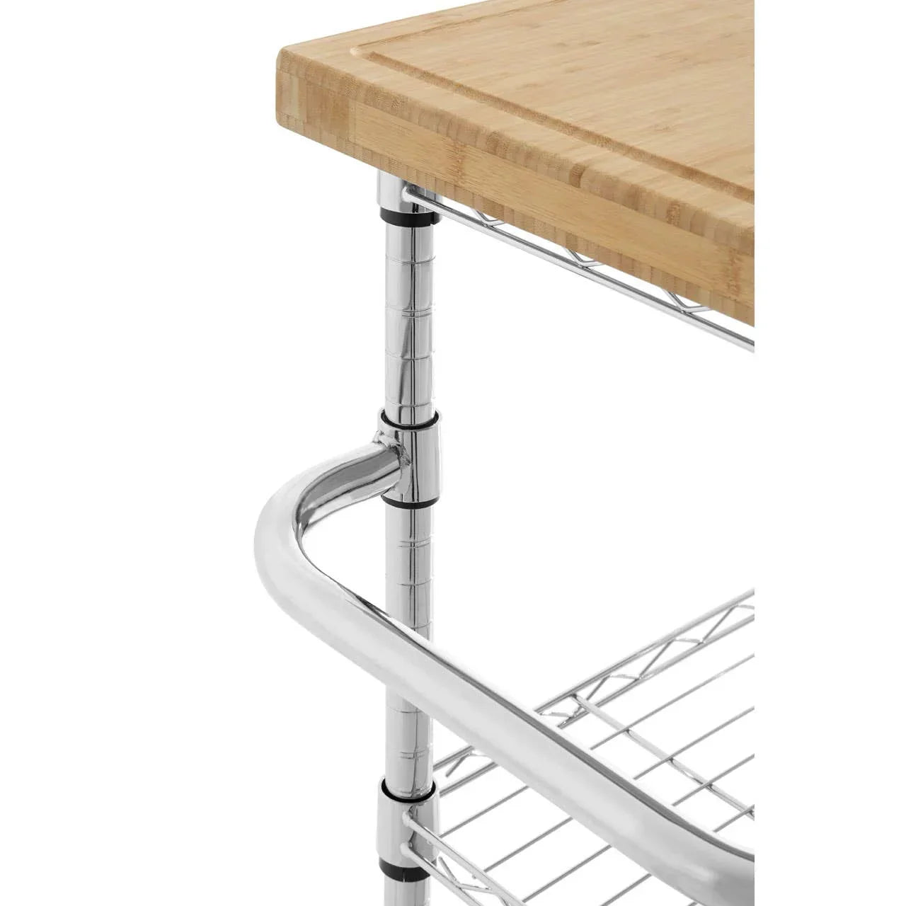 Chrome and bamboo kitchen trolley with steel frame and wire shelf close-up