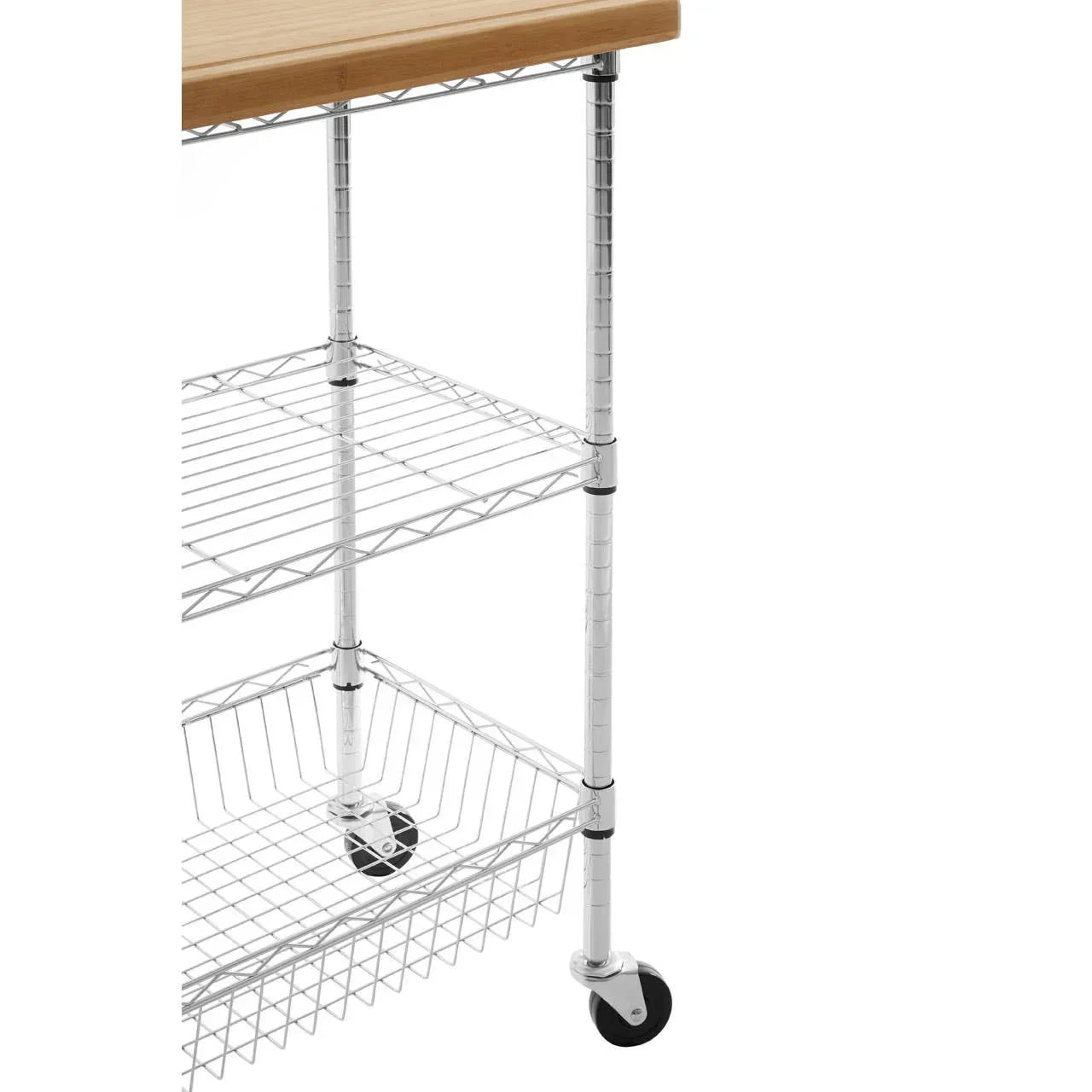 Metal kitchen trolley with wooden top, two wire shelves, basket shelf, and caster wheels