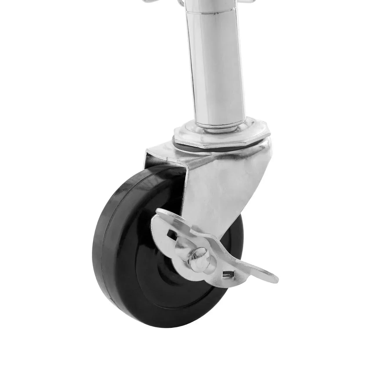 Black rubber furniture castor wheel with chrome frame and brake, close-up view