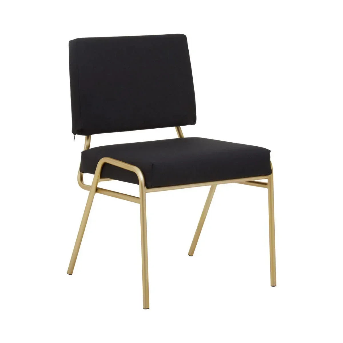 Black fabric dining chair with gold metal frame and angled legs, front side view