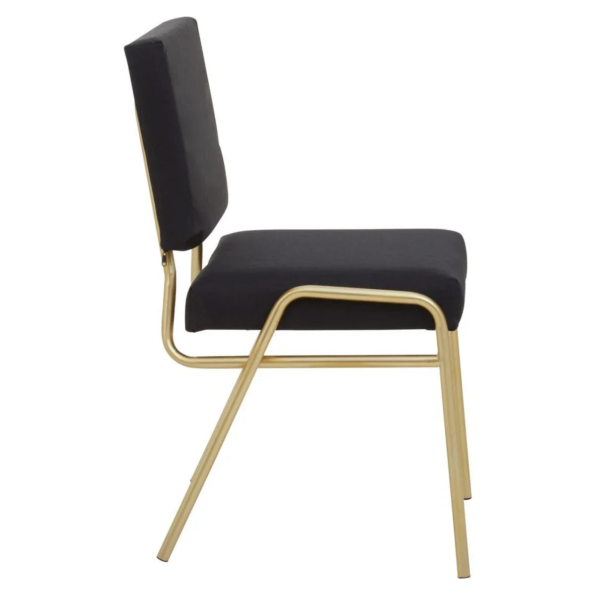 Black upholstered dining chair with gold metal legs, side profile view