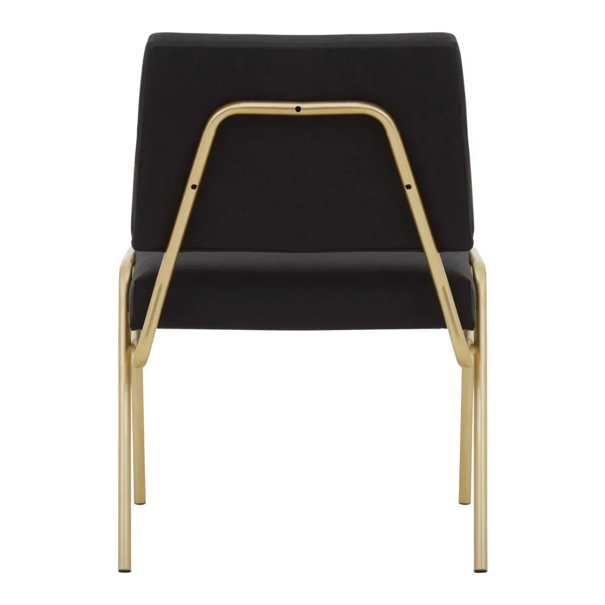 Back view of black dining chair with gold metal frame and upholstered seat