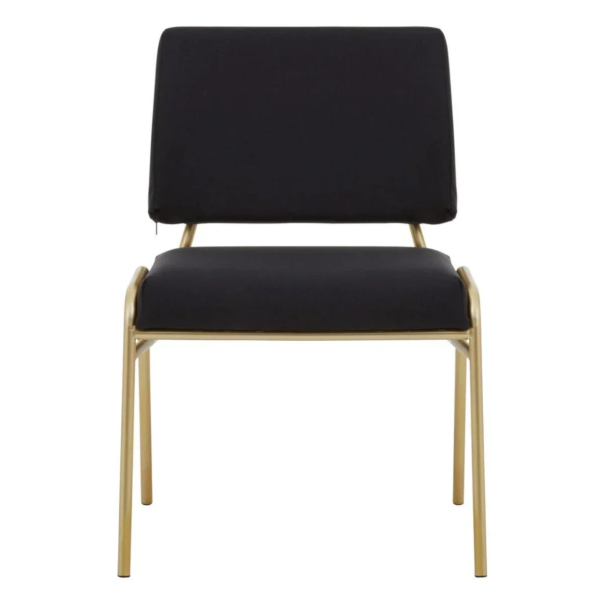 Black upholstered dining chair with gold metal frame, front view