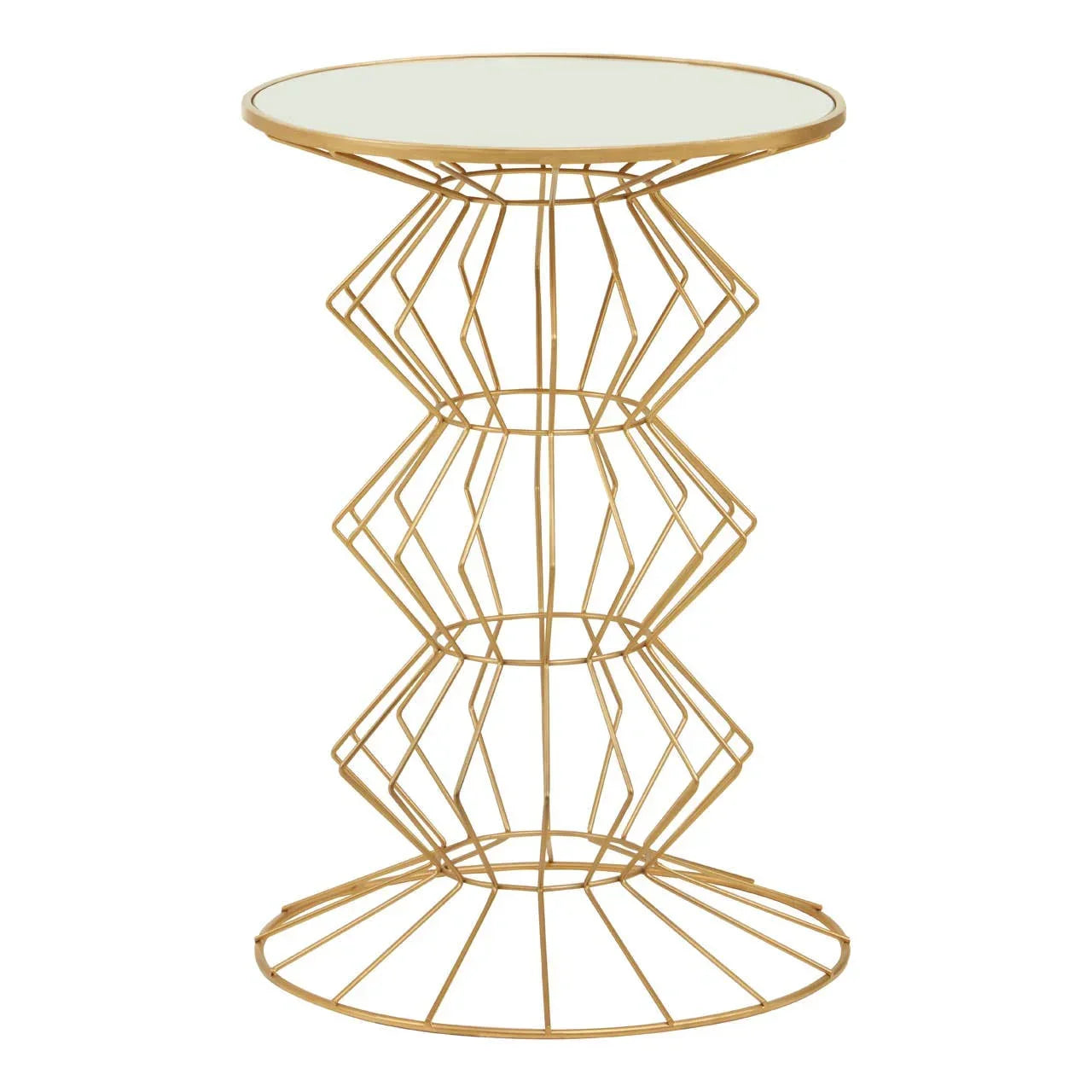 Round glass top side table with geometric gold metal frame