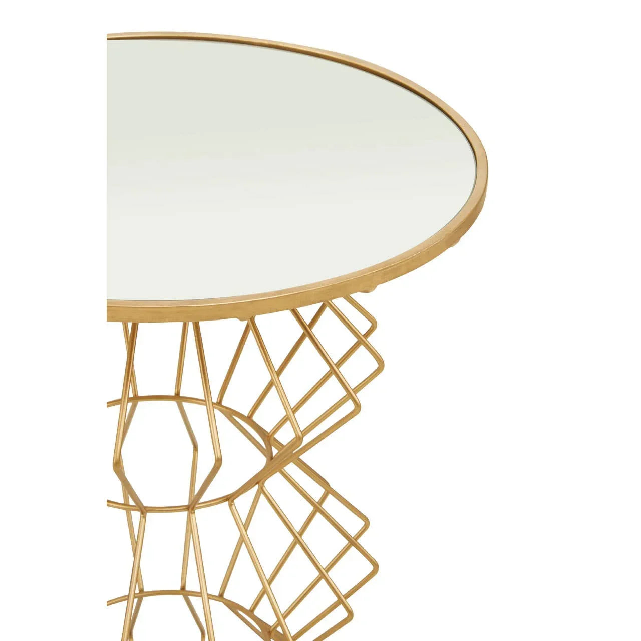 Round glass top side table with gold geometric metal base, close up view
