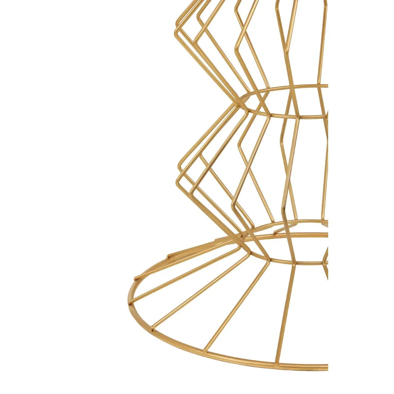 Gold metal wire furniture base with geometric pattern, close-up side angle