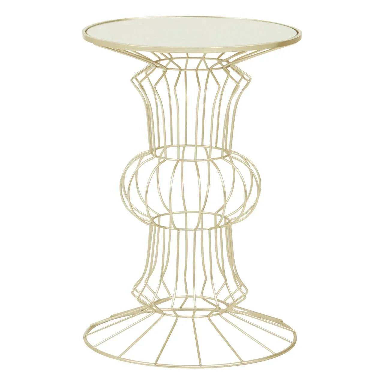 Gold metal wire side table with round mirrored top and sculptural base design