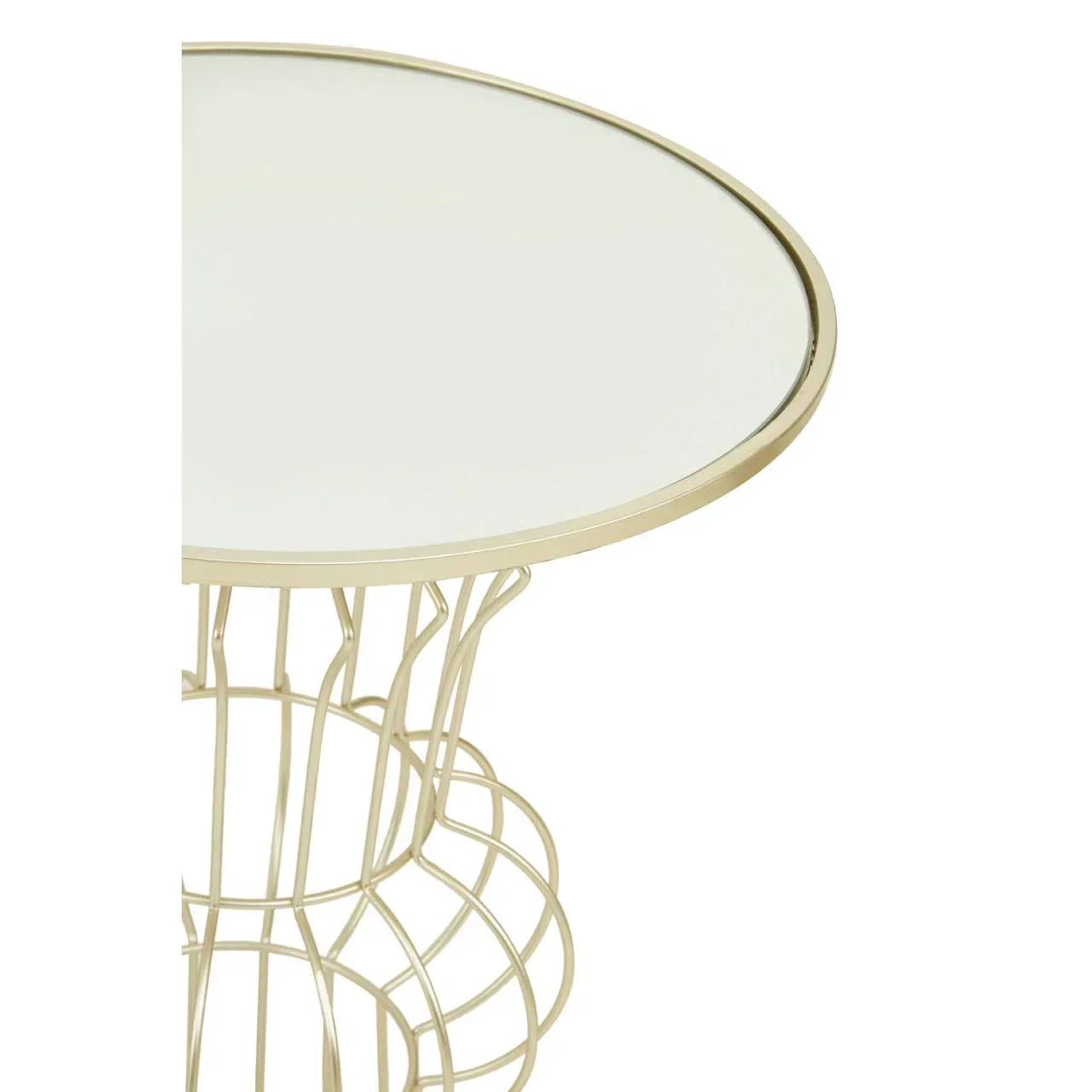 Round glass top side table with gold metal wire base, close-up angle