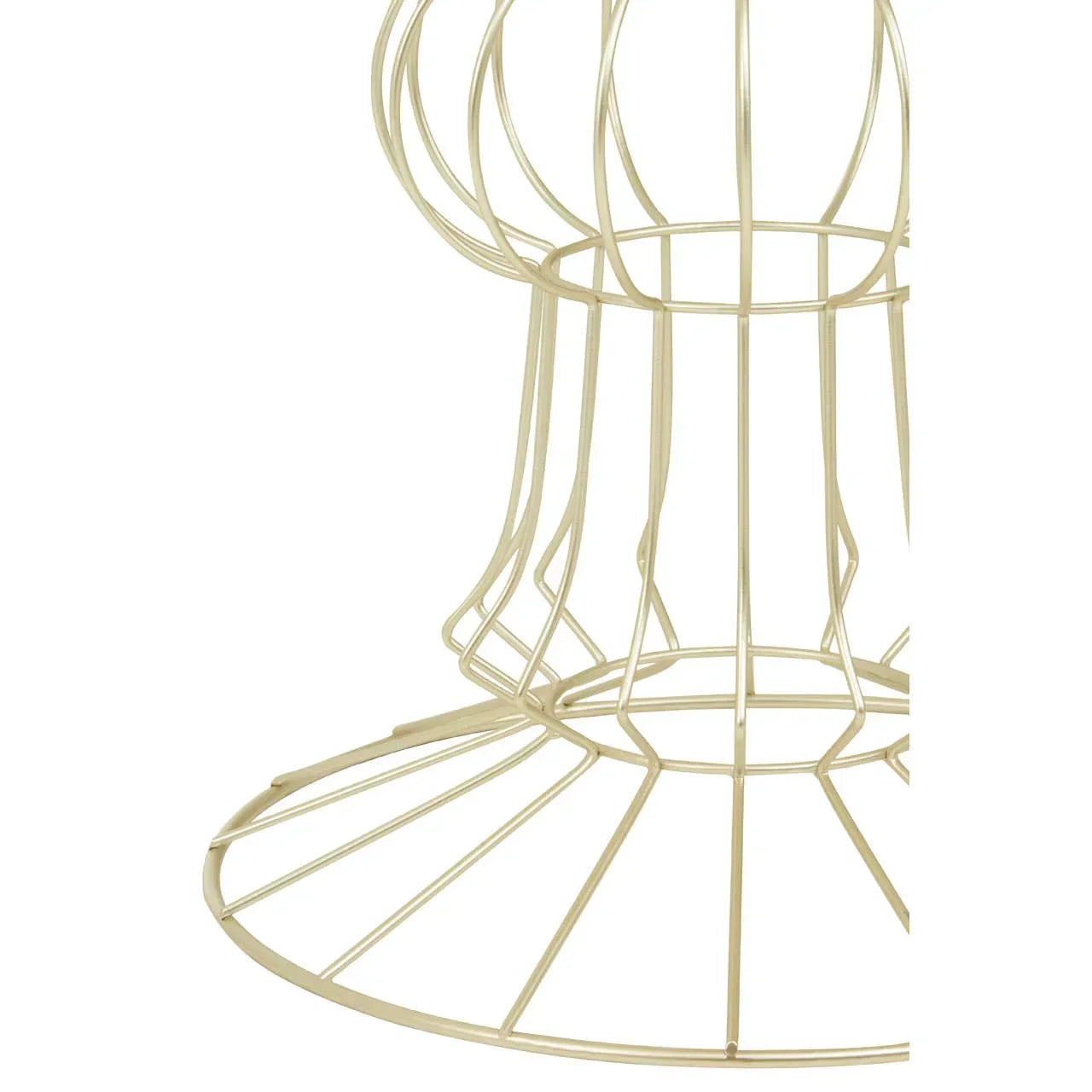 Gold metal wire table base with circular geometric design, close-up view