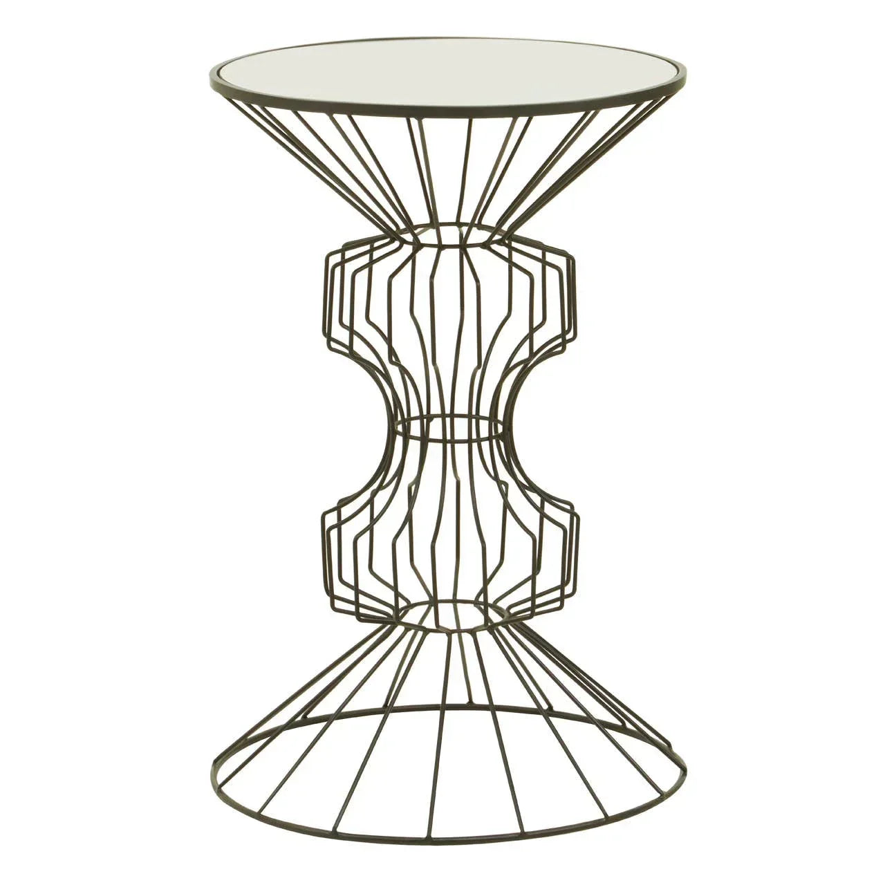 Round glass top side table with geometric black metal wire base