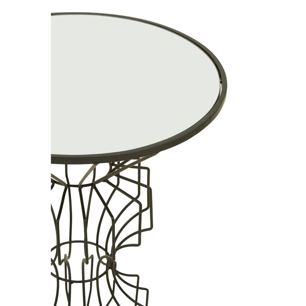 Round glass top side table with geometric metal base, partial view