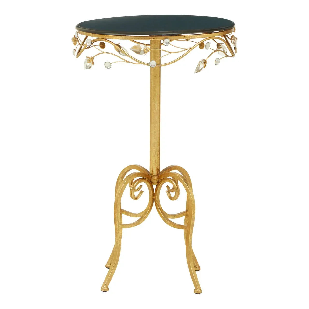 Gold side table with ornate metal legs and black glass top