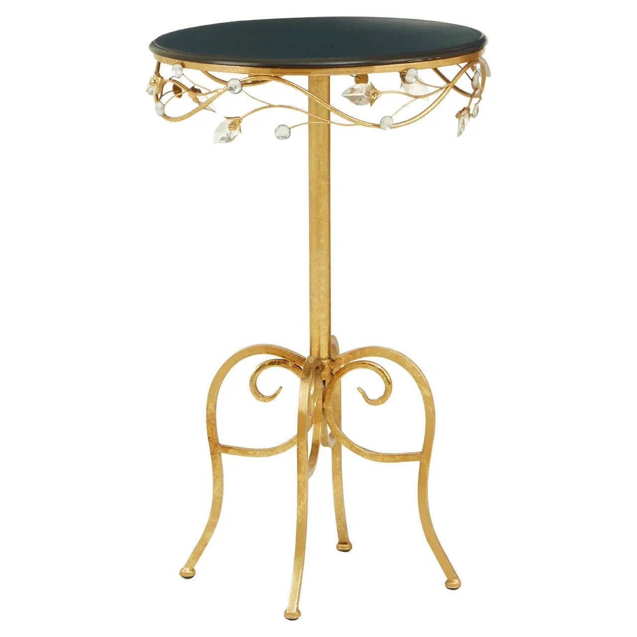 Gold metal side table with black glass top and ornate crystal vine detailing