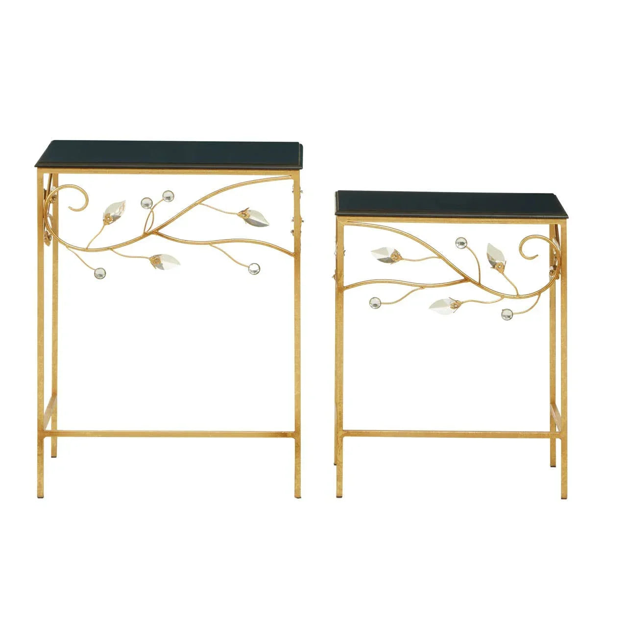 Set of two gold metal side tables with black tops and leaf design