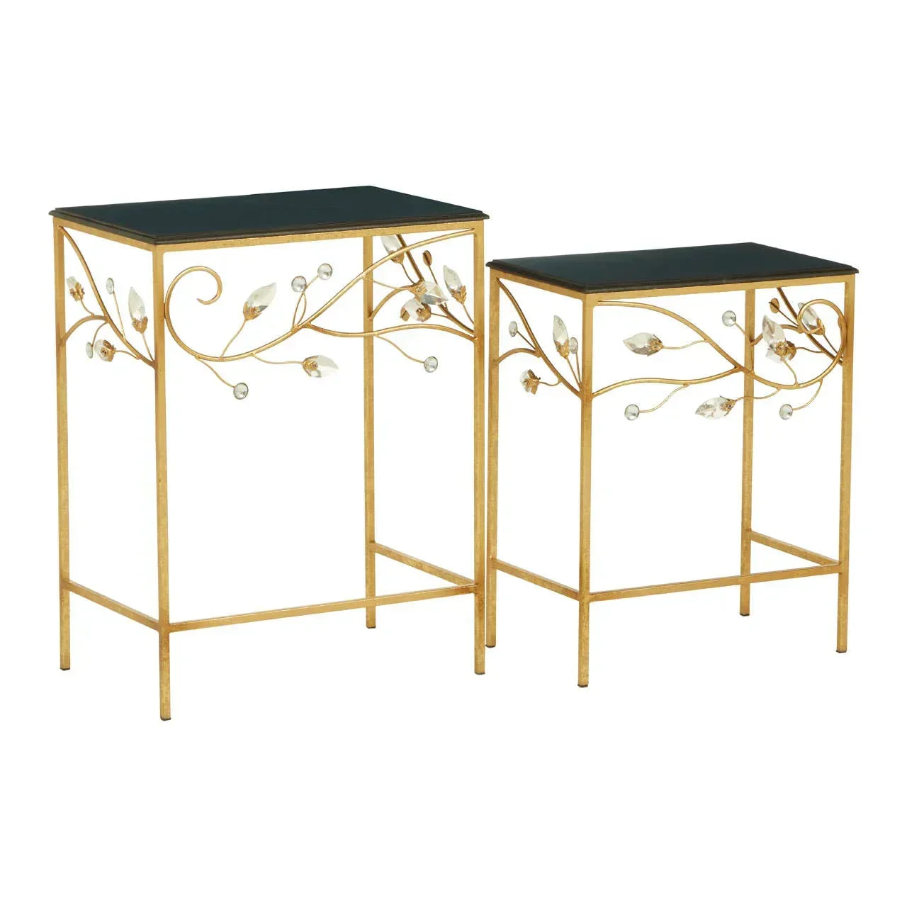 Gold nesting tables with black glass tops and decorative leaf and crystal accents