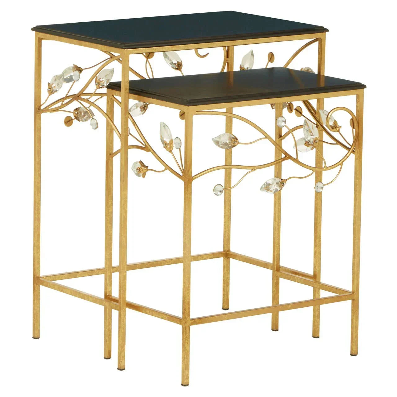 Set of two gold nesting tables with black tops and crystal floral accents