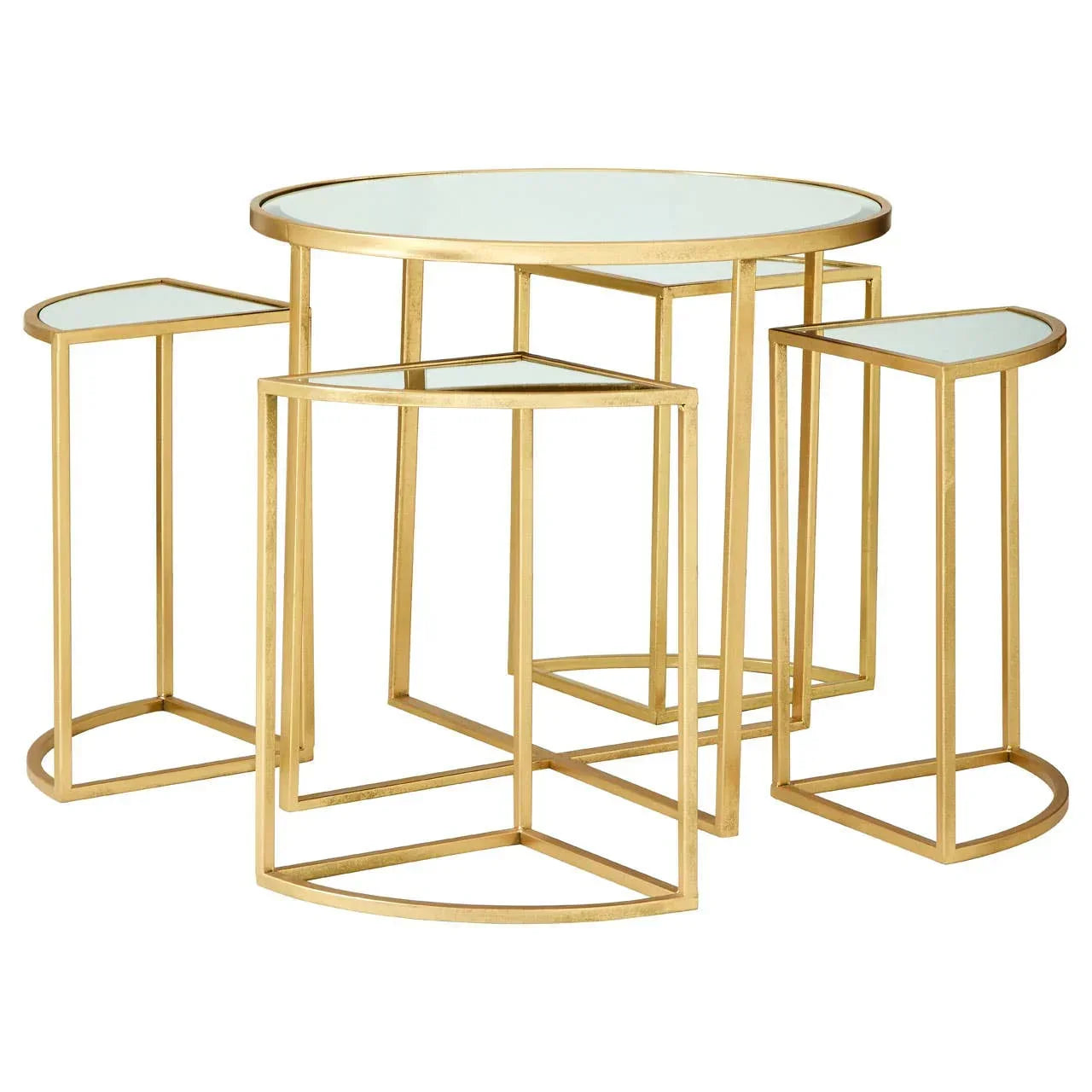 Gold metal and glass nesting tables set with geometric base design