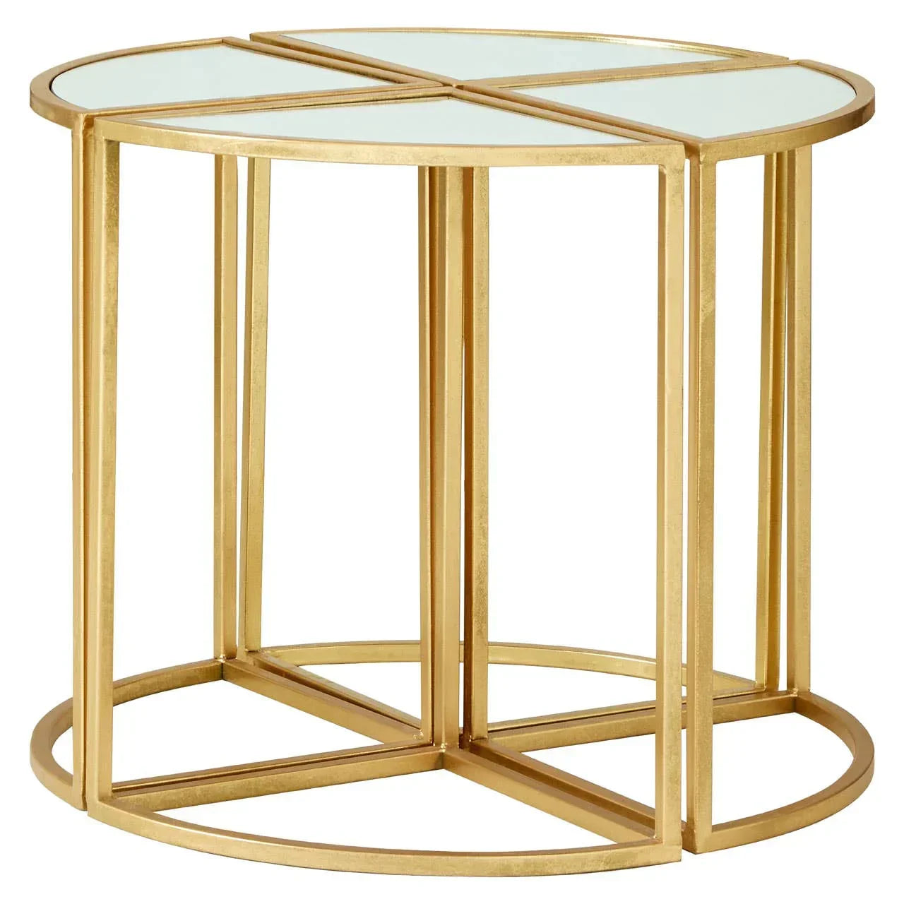 Round glass top side table with gold metal frame and geometric base design