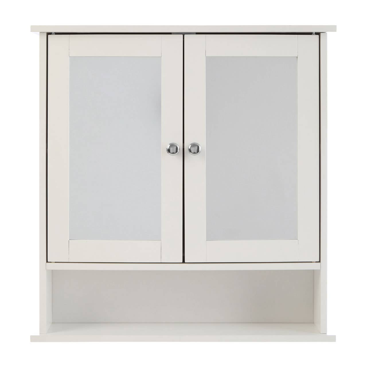 Portland bathroom cabinet featuring two mirrored doors with a sleek white finish and a lower open shelf for additional storage