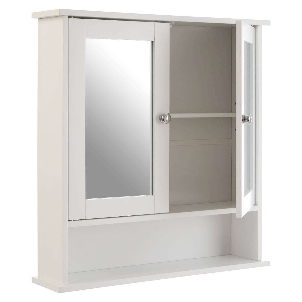 White bathroom cabinet featuring two mirrored doors, one of which is partially open to reveal an interior shelf. The cabinet has a sleek, modern design with clean lines and a minimalist aesthetic, suitable for various bathroom styles