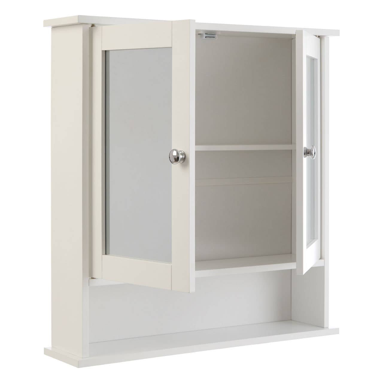 White bathroom cabinet featuring mirrored doors, two shelves inside, and a clean, modern design suitable for wall mounting