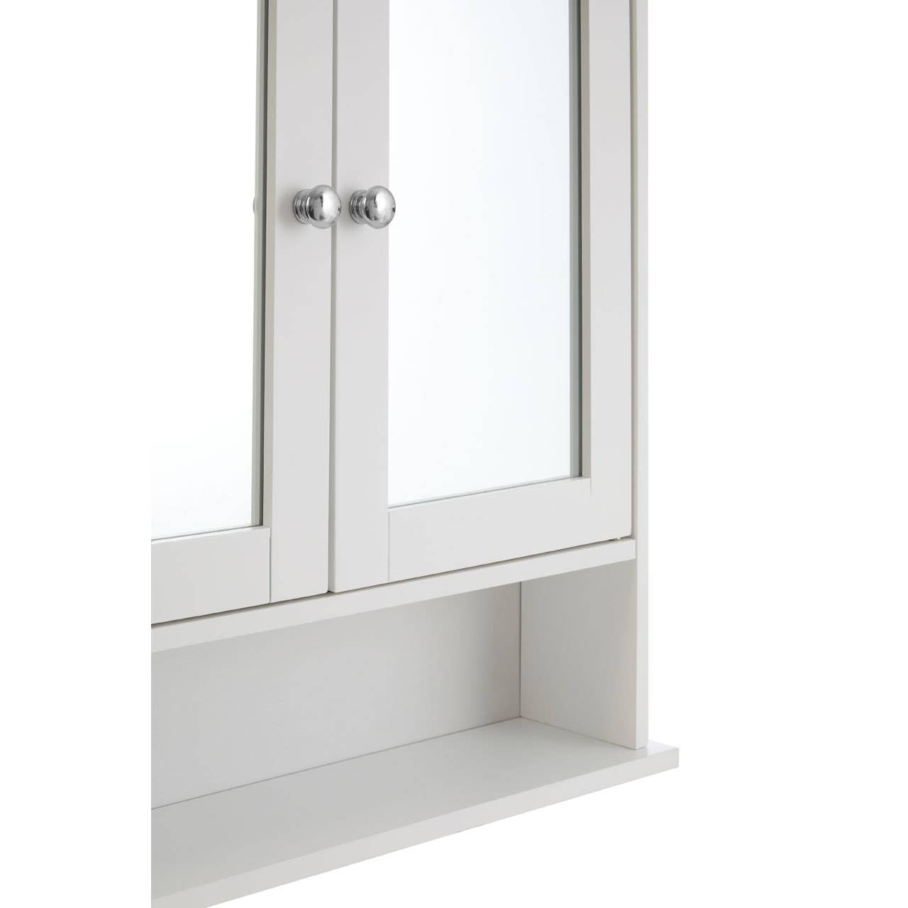 White bathroom cabinet featuring mirrored doors and sleek silver handles, with an open shelf below for additional storage
