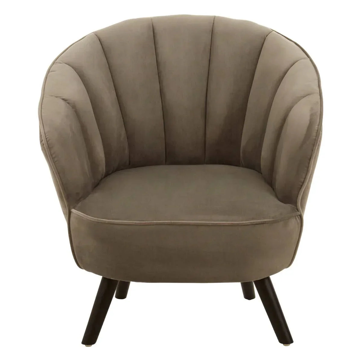 Taupe velvet accent chair with curved backrest and black wooden legs