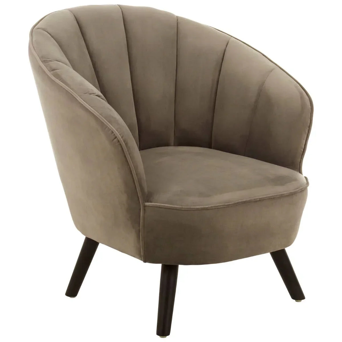 Taupe velvet accent chair with fluted backrest and black angled wooden legs