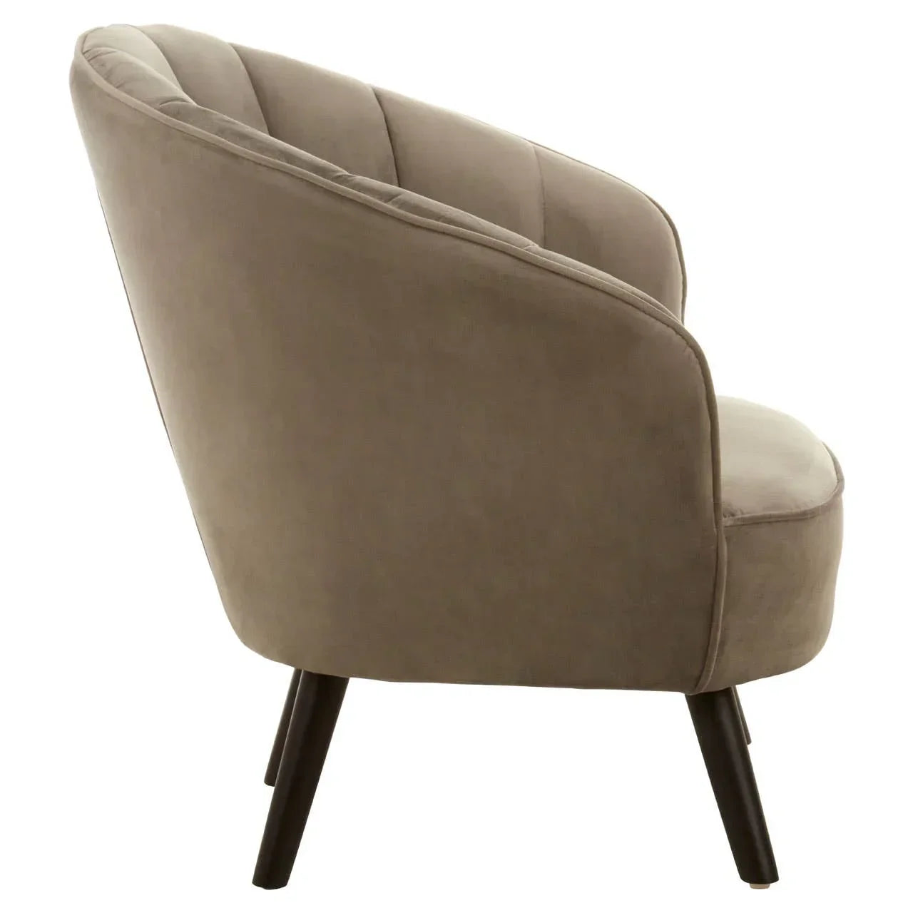 Taupe accent chair with curved back and black angled legs, side profile view