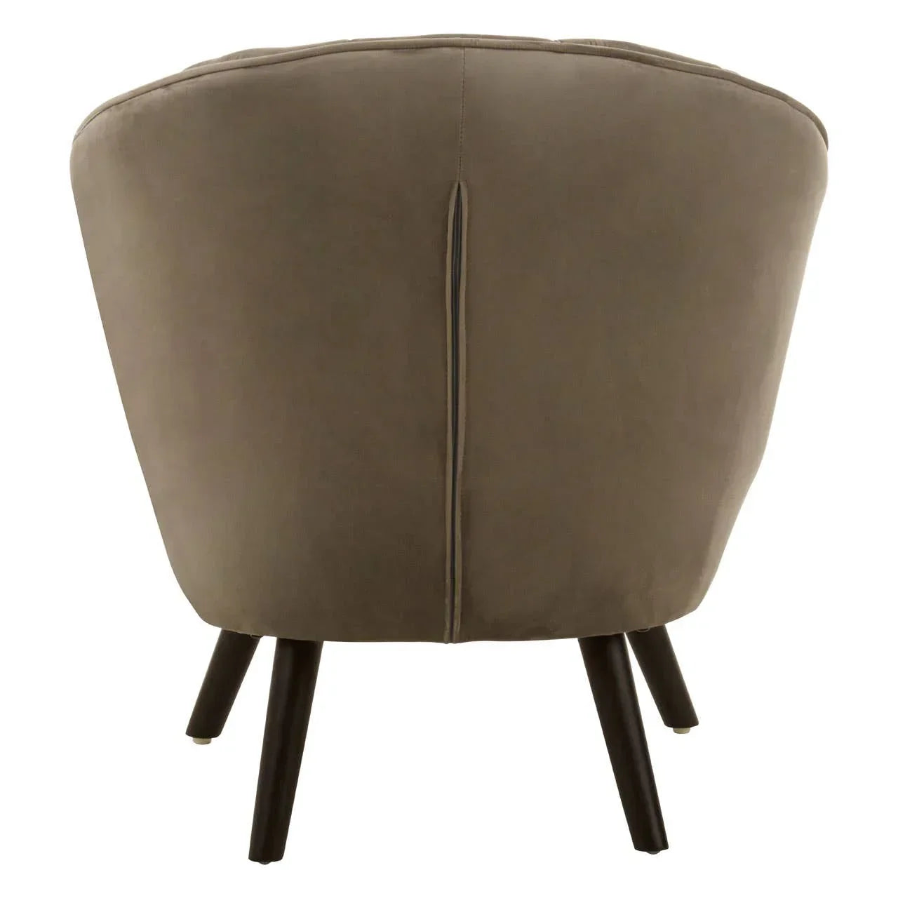 Rear view of taupe accent chair with curved back and black angled wooden legs