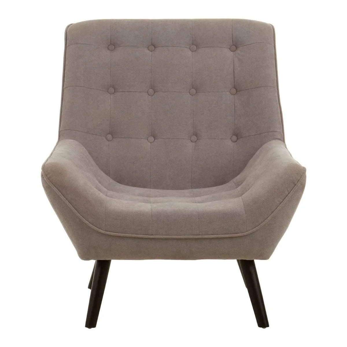 Grey fabric accent chair with button tufted backrest and angled black legs, front view