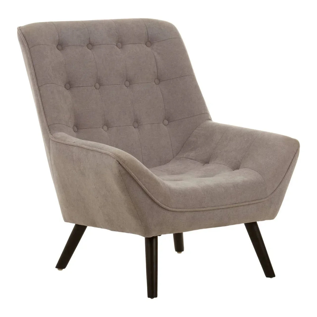 Grey fabric accent chair with tufted backrest and angled black legs, front angle view