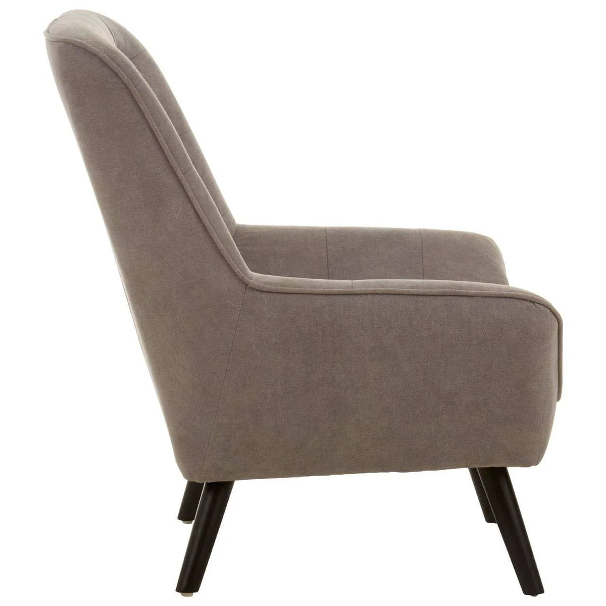 Side view of a grey fabric armchair with angled wooden legs