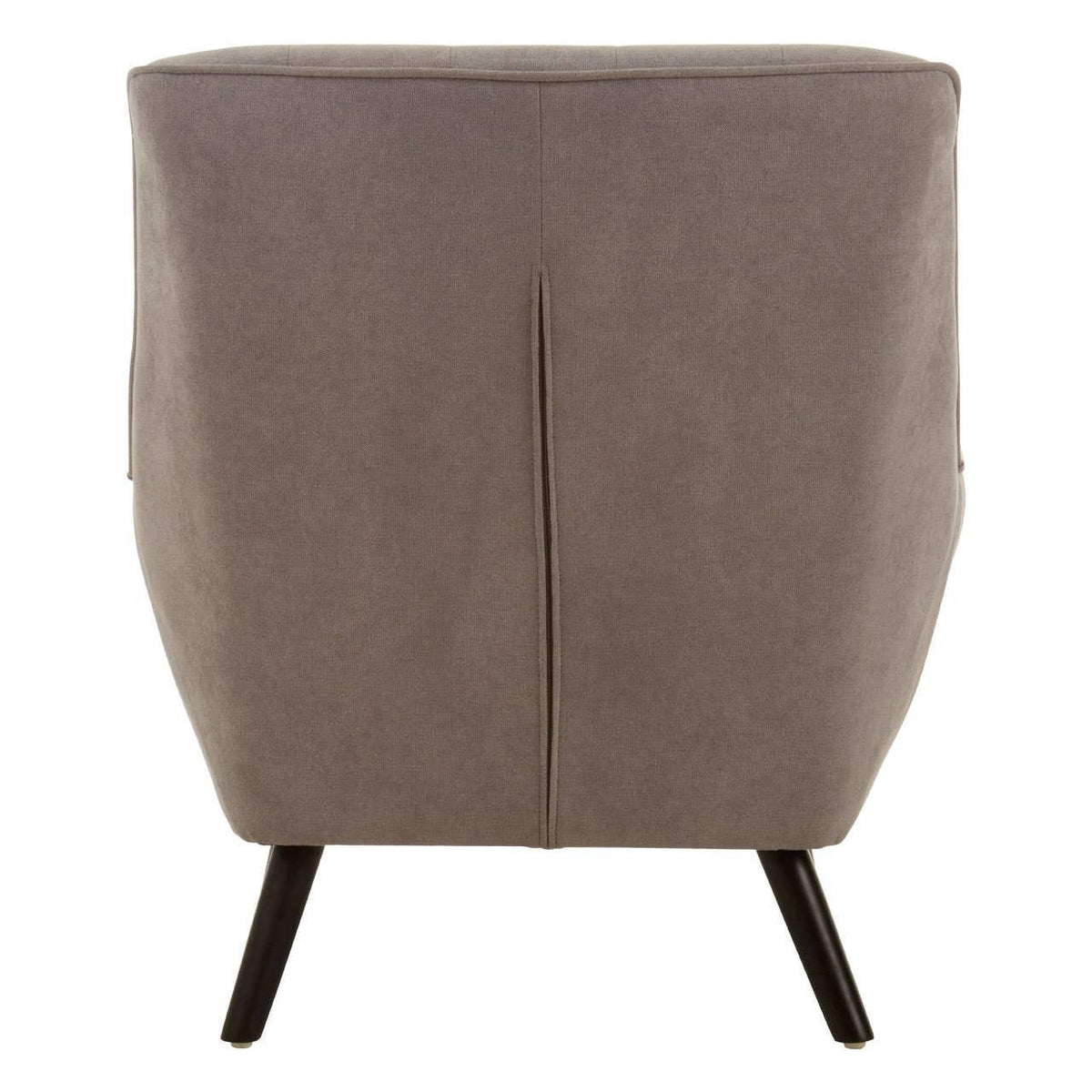 Rear view of grey fabric accent chair with black angled legs