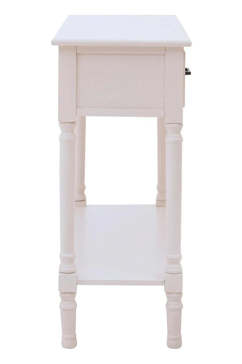 White wooden side table with single lower shelf and turned legs, side view