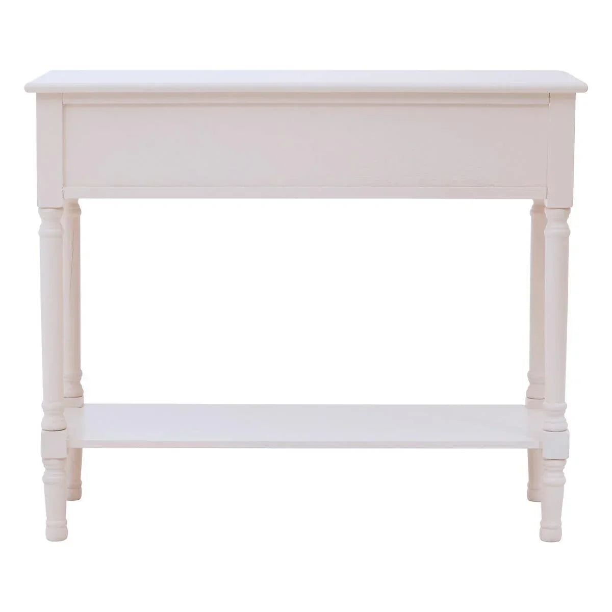 White wooden console table with shelf and turned legs, photographed from the front
