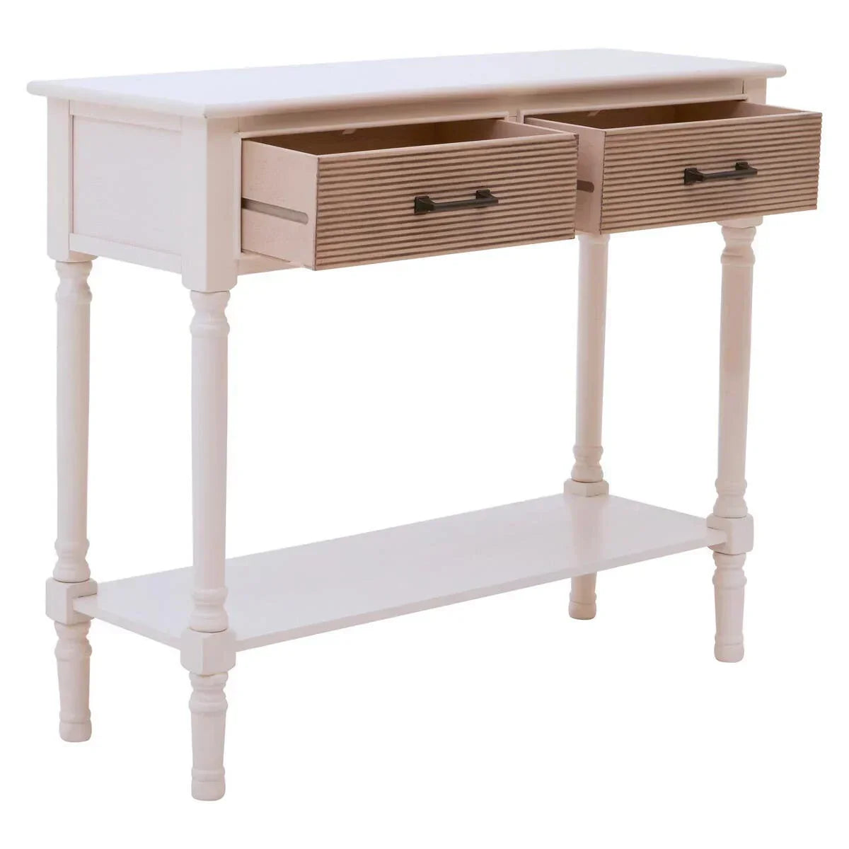 Cream console table with two open drawers, ribbed fronts, lower shelf, and turned legs