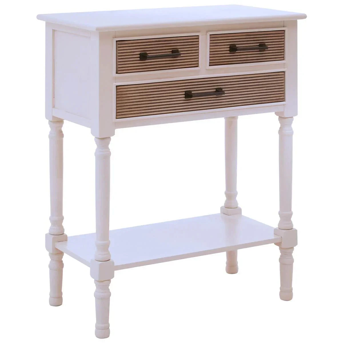 White console table with two ribbed wood drawers, lower shelf and turned legs
